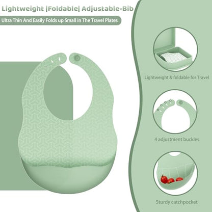 Green Foldable Silicone Baby Feeding Set, Portable Travel Baby Feeding Essentials Including Toddler Plates, Silicone Baby Spoon&Fork, Adjustable Foldable Bib, Portable Infant Toddler Utensils - color: Green