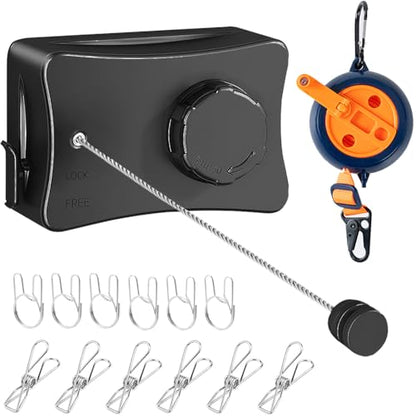 Retractable Clothesline Indoor Outdoor Clothes Line Kit, Heavy Duty Clothes Drying Laundry Line 16.7ft Wall Mounted Drying Rack Non-Sagging Air Dry Clothing Travel Clotheslines (Black) - color: Black