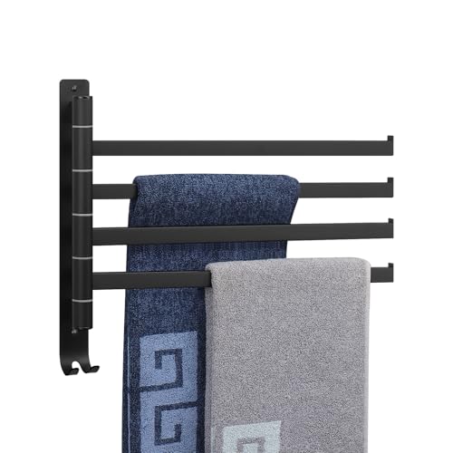 NearMoon Swivel Towel Rack, 13.8" Thicken 304 Stainless Steel 4-Arm Towel Bar, Space Saving Wall Mounted Towel Holder with Hook, Rustproof Swing Out Towel Hanger for Bathroom, Square (Matte Black) - color: Matte Black, size: 13.8 Inch-Squ