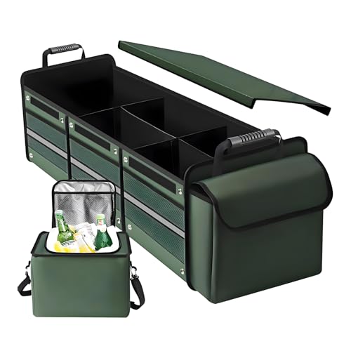 Collapsible Trunk Organizer for Car with Insulated Leakproof Cooler Bag, 3 Compartments SUV Cargo Organizer w/Removable Dividers, 5-in-1 Storage w/Foldable Lid & 2 Tie-Down Straps (Green) - color: Green