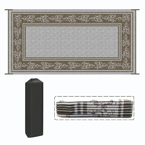EEZ RV Products 9ft x 18ft Heavy Duty Reversible/Durable Outdoor Patio/RVing Camping Mats Come with Large Storage Bag & 6 Sets of Stakes and Washer, Vine Brown - color: Vine Brown, size: 9' x 18'