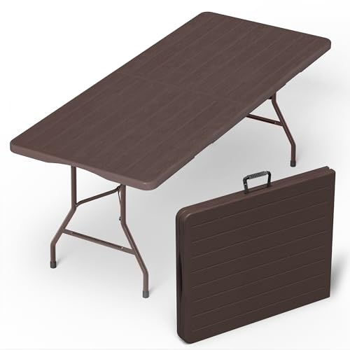 VSOAEIL Folding Table 6 Foot for Indoor Outdoor, Portable Heavy Duty Fold-in-Half Utility Plastic Foldable Dining Table with Carrying Handle for Picnic, Camping and Party, Brown - color: Brown, size: 6 FT - 1 PACK