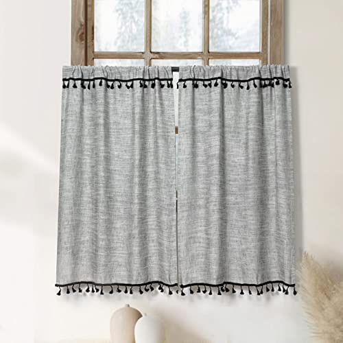 Boho Tassel Kitchen Curtains 36 Inch Length Modern Farmhouse Cotton Linen Short Cafe Curtains for Bathroom Small Window Country Rustic Tiers Bohemian Decor (26W x 36L, 2 Panels, Grey) - color: Grey, size: 26"W x 36"L (Pack of 2)