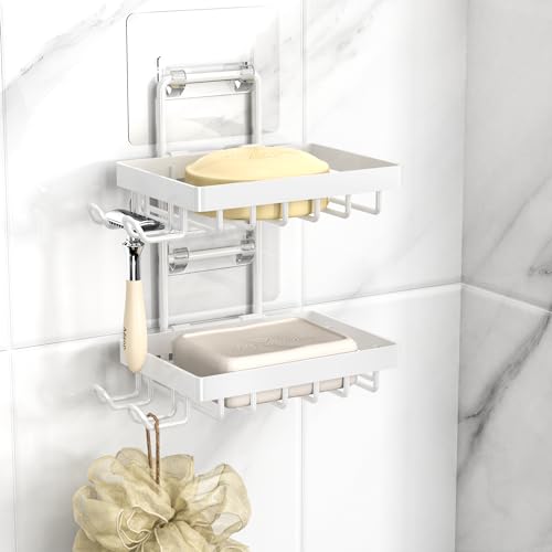 Moforoco White Double Soap Bar Holder for Shower, No Drilling, 304 Rustproof Stainless Steel, Wall Mounted Soap Holder with 4 Hooks and Razor Holder, Shower Rack Soap Tray Bar Soap for Bathroom - color: White, size: 2-T Adhesive