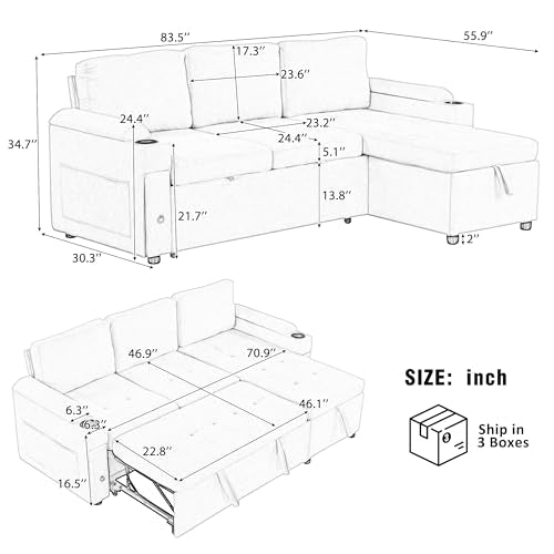 83.5" L-Shaped Foldable Sofa Couch, Modern Chenille Pull Out Couch with UAB, Convertible Love Seat Sofa Bed with Adjustable Back and Pillow for Living Room, RV, Small Spaces (Black, 83.5") | Modern Chenille - color: Black, size: 83.5"