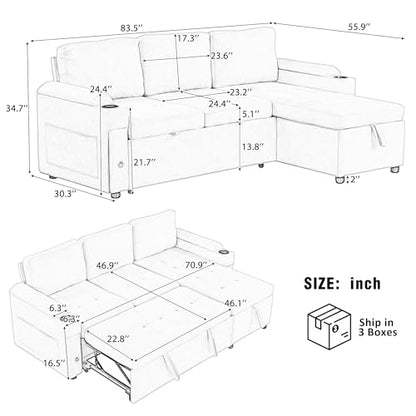 83.5" L-Shaped Foldable Sofa Couch, Modern Chenille Pull Out Couch with UAB, Convertible Love Seat Sofa Bed with Adjustable Back and Pillow for Living Room, RV, Small Spaces (Black, 83.5") | Modern Chenille - color: Black, size: 83.5"