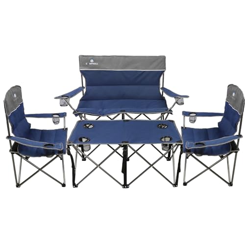 Camping Chair Set of 3, Outdoor Folding Camping Chairs for Heavy People with Cup Holder & Carry Bag,Collapsible Chair Include One Sofa Chair and Two Single Chair,Support up to 500lbs - color: Blue-4pcs