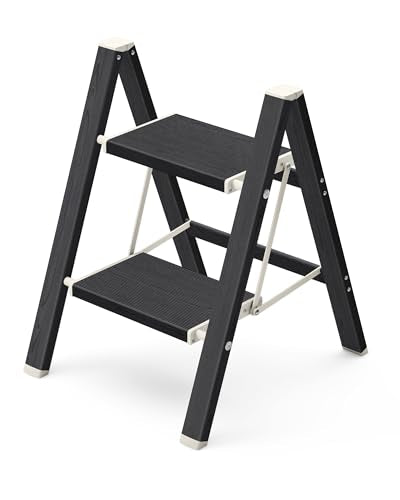 Mayi Plus 2 Step Ladder,Aluminum Folding Step Stool for Adults,Step Ladder with Wide Anti-Slip Pedal,330 lbs Capacity for Home,Kitchen,Library,Office(Ebony Woodgrain) - color: Ebony Woodgrain, size: 2 Step