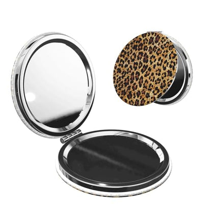 Cheetah Leopard Brown Print Foldable Travel Pocket Mirror Round PU Leather Portable Mini Makeup Double Sided Handheld Magnifying,2.6 in - color: Cheetah Leopard Brown
