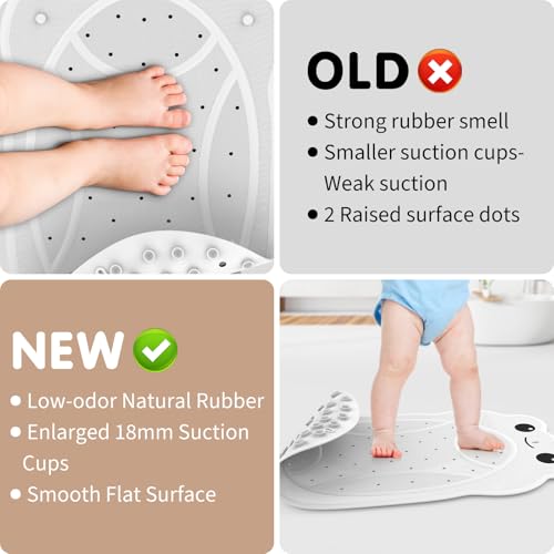 Upgraded Kids Bathtub Mat Non Slip, Low-Odor Natural Rubber Bath Mat with Strong 18mm Suction Cups, Flat Non-Slip Surface, 30"x18" Cute Frog Design, Shower Mat Fast Draining for Smooth Tubs, Beige - color: Beige
