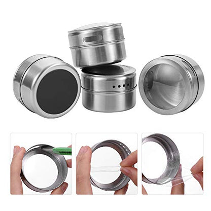 12 Magnetic Spice Jar Containers Spice Tins - Wall Mounted Stainless Steel Base - Easy to Install - color: 12 MAGNETIC SPICE TINS WITH WALL PLATES