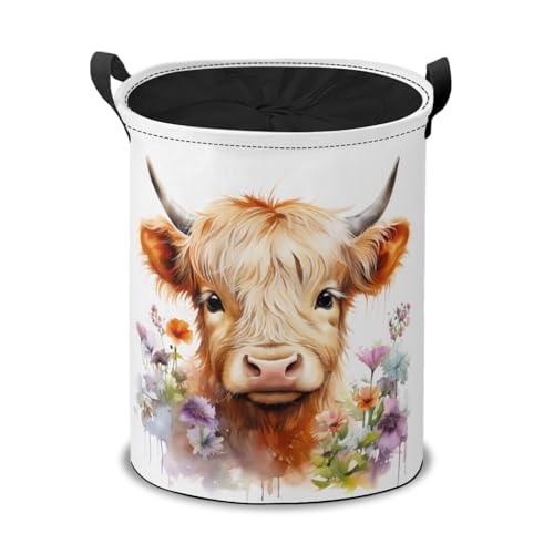 Highland Cow with Flowers Laundry Hamper Basket,Calf Collapsible Portable Laundry Bag, Storage Bins Toys Storage Gifts Basket, Bedroom Home Nursery Decor for Baby Girl Women - color: Highland Calf Cow
