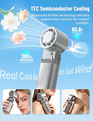 Handheld Fan Portable Personal Cooling Fans Mini Hand Held Fan,199Speed 26000RPM Turbo Air,6000mAhBattery USBRechargeable FoldableFan with LED Light Hook,Ice Cooling Essentials for Travel Outdoor Gift - color: silver version