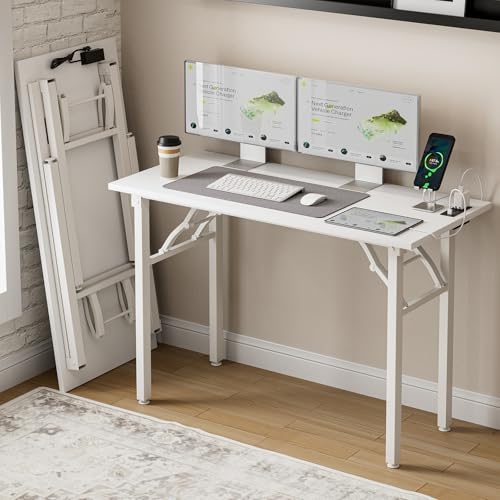 Frylr Small Folding Computer Desk – 43.3 Inch Portable Table for Craft and Study, Lightweight Desk for Small Spaces, Foldable Laptop Table Built-in AC/USB Outlets for Convenience, White Ash - color: White Ash, size: 43.3 x 19.7 Inch, style: With Power Out
