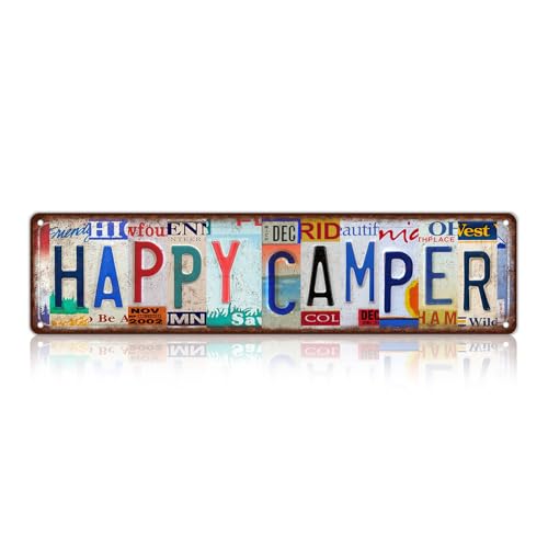 Vintage Happy Camper Metal Tin Signs Street Sign | Camping Essentials Gear RV Accessories Outside Camper Decor Gifts for Men Travel Trailers 16 x 4 Inches - color: Happy Camper