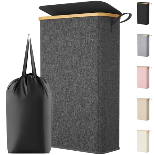 Lifewit 65L Slim Laundry Hamper with Lid, Narrow Laundry Basket with Removable Bag & Bamboo Handles, Fodable Thin Dirty Clothes Hamper for Laundry Collapsible Bin for Bathroom Bedroom Dorm, Dark Gray - color: Dark Gray, size: 65L