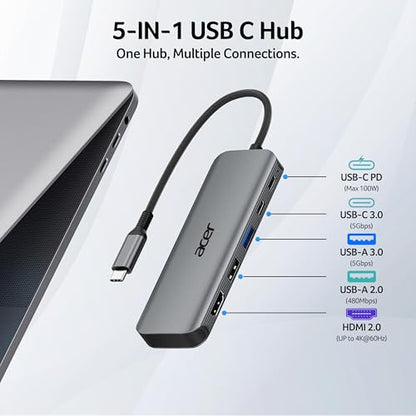 Acer USB C Hub, 5-in-1 USBC to HDMI Adapter with 4K@60Hz, 100W Power Delivery, USB-C 5Gbps & USB-A 3.0 Data Ports, USBC Splitter Docking Station for MacBook Neo/Pro/Air, iPad Pro, iPhone 17 Pro Max