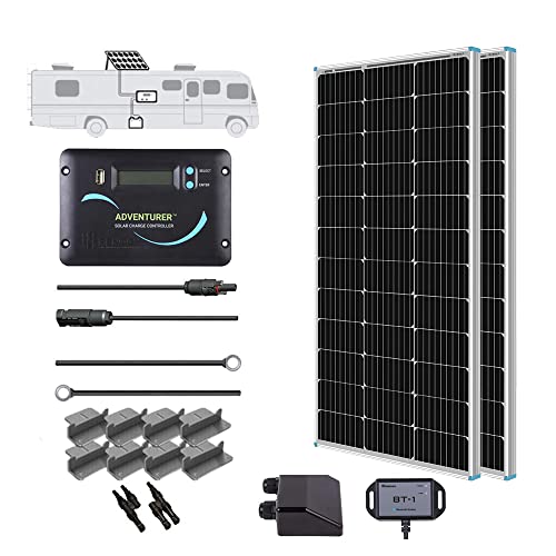 Renogy 200 Watts 12 Volts Monocrystalline RV Solar Panel Kit with Adventurer 30A LCD PWM Charge Controller and Mounting Brackets for RV, Boats, Trailer, Camper, Marine, Off-Grid Solar Power System - size: RV200W+ADV 30A