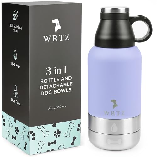 Portable Dog Water Bottle with 2 Removable Water Bowls for Dogs – Leak-Proof Insulated Stainless Steel Dog Water Bottle – Travel Accessories for Dogs - 32oz - Lavender - color: Lavender
