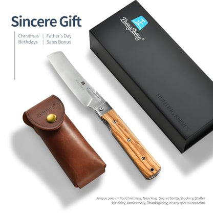 ZhengSheng Folding Chef Knife with Leather Pouch 4.8” Sharp 440A Stainless Steel Blade Olive Handle Pocket Foldable Japanese Style Kitchen Knife for Outdoor Camping BBQ trip Cooking. - color: #3 Natural Olive Handle - Leather Pouch