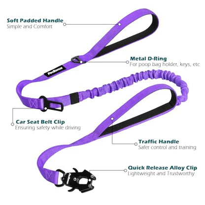 PetBonus Heavy Duty Tactical Dog Leash, 5 FT Bungee Shock Absorption Leash with 2 Padded Handles, Quick Release Metal Clip, Car Seatbelt, No Pull Training Lead for Large Medium Dogs（Purple） - color: Purple