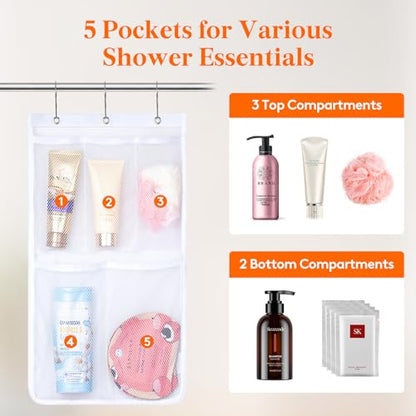 Lifewit Mesh Shower Caddy, 5 Pockets Hanging Shower Organizer with Quick Drying Mesh, Portable Space Saving Bathroom Organizer to Hold Soap, Shampoo and Cruise Ship Essentials, White, 2 Pack - size: 12" × 20"