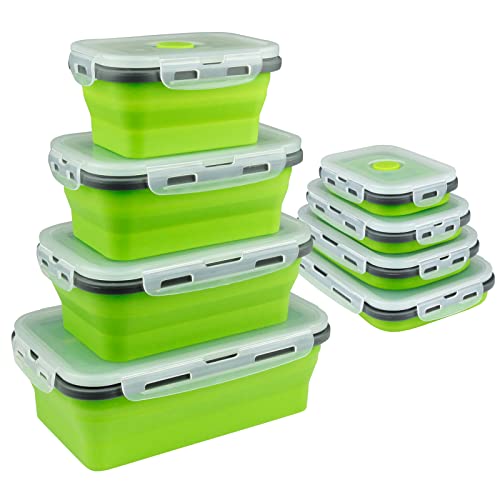 Guyuyii 4 Pack Collapsible Food Storage Containers with Lids | 4 Size Food-Grade Silicone for RV, Camping, Meal Prep, Small Kitchen | Stackable Design, Microwave/Freezer/Dishwasher Safe - color: Green