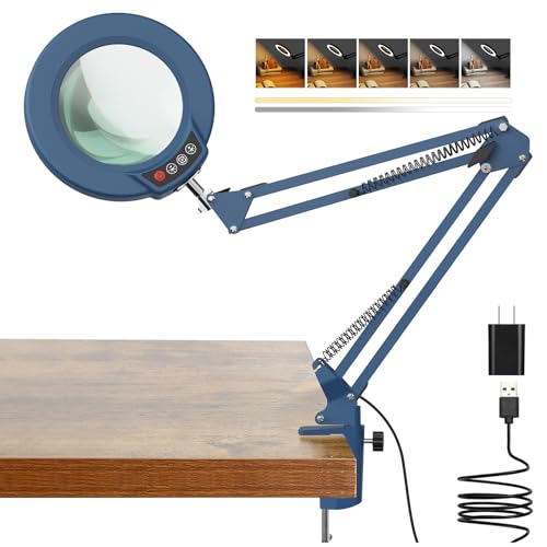 10X Magnifying Glass with Light and Clamp, Real Glass Stand Lighted Magnifier, 5 Color Modes Stepless Dimmable LED Desk Lamp Hands Free for Crafts Hobby Reading Painting Sewing Close Work - Blue - color: Blue, size: 10X