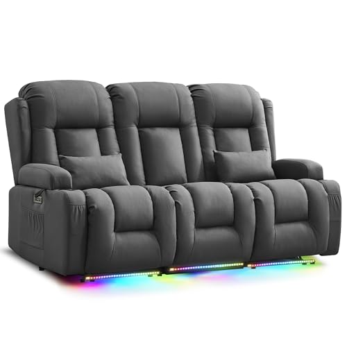 URRED Power Loveseat Recliner Sofa with Massage and Heat, Wall Hugger Reclining Loveseat with Console, RV Couch Home Theater Seating with LED Lights for Living Room (Gray, 76.8" - 3 Seats) - color: Grey, size: 76.8" - 3 Seats