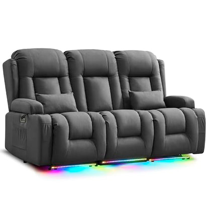 URRED Power Loveseat Recliner Sofa with Massage and Heat, Wall Hugger Reclining Loveseat with Console, RV Couch Home Theater Seating with LED Lights for Living Room (Gray, 76.8" - 3 Seats) - color: Grey, size: 76.8" - 3 Seats