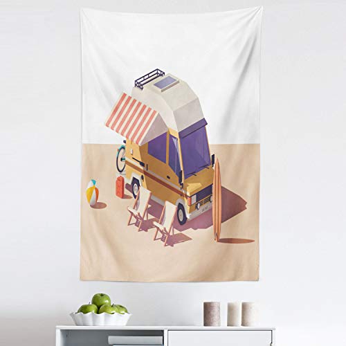 Ambesonne RV Tapestry, Classic Station RV Camper Van with 2 Chairs and Surfing Board Recreational Vehicle, Fabric Wall Hanging Decor for Bedroom Living Room Dorm, 30" X 45", Multicolor