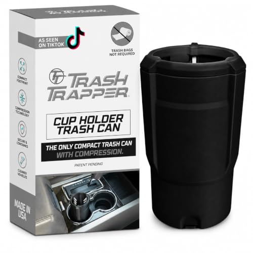 Trash Trapper Car Trash Can Cup Holder | Mini Car Trash Can | Fits in Most Doors | 5.1" x 2.9" | Traps More & Empties Less, Patent-Pending Compaction, Holds Weeks of Small Garbage, Black/Grey - color: Black/Grey, size: Small