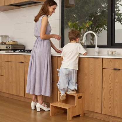 Wooden Step Stool,Two Step Stool for Kids,Toddler Montessori Stool Supports 300 lbs Kids Toddler Stepping Stool for Bathroom Sink/Toilet/Kitchen/Bed,Natural