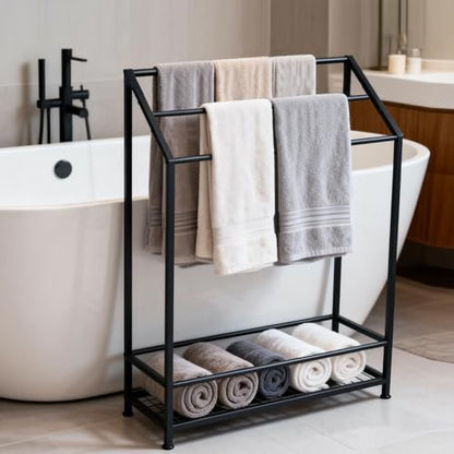 Hjarta Extra Wide 31.5 Inch Standing Towel Rack, Tall 40 Inch Free Standing Towel Rack with Storage Shelf, 3 Tier Towel Stand for Bathroom Outdoor Poolside