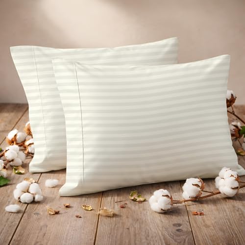 Pillow Cases - Set of 2, Ivory Stripe (20" X 28") - Pillow Covers Made of 100% Cotton - 300 Thread Count Super Soft and Breathable Sateen Weave Pillowcases. - color: Ivory Stripe, size: (20"X28")