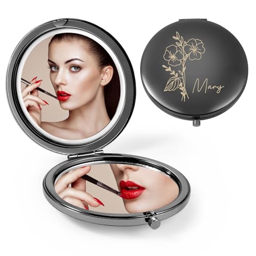 Personalized Compact Mirror for Women - Pocket Mirror for Women,Custom Birthflower Travel Makeup Mirror for Wife, Mom, Bridesmaid Gifts for Daughter Friend (Black) - color: Black