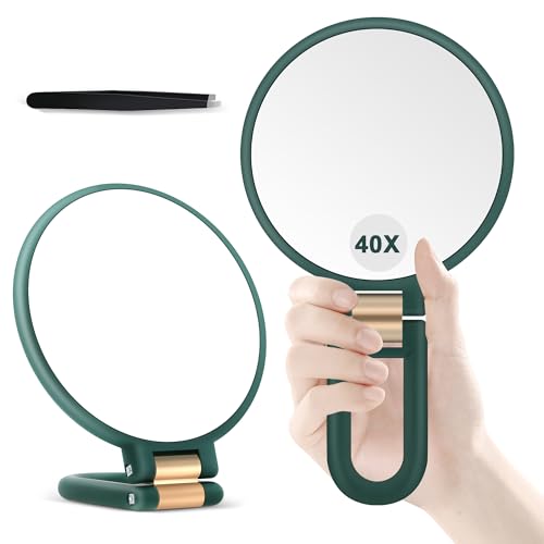 B Beauty Planet 40X Magnifying Mirror, Hand Mirror with Handle, Double Sided Hand Mirror with 40X/1X Magnification, Travel Essential Portable Foldable Makeup Mirror for Precision Makeup Green - color: Green40x