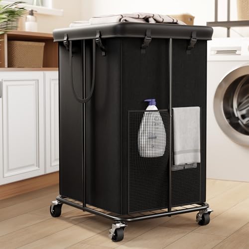150L Large Laundry Basket with Wheels, Rolling Laundry Hamper with Removable Laundry Bag & Metal Frame, Oxford Fabric Dirty Clothes Hampers for Bedroom, Laundry Room, Bathroom, Dorm(Black) - color: Black