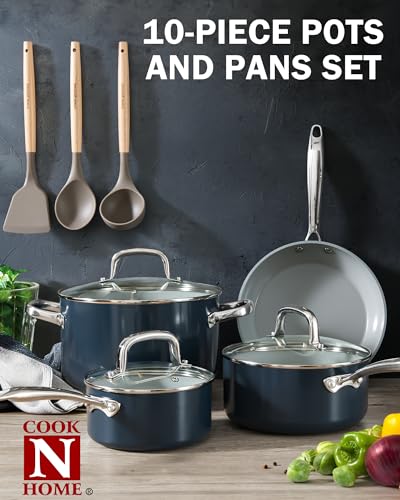 Cook N Home Classic Nonstick Cookware Set, Pots and Pans Cookware Set with Glass Lids and Comfortable Handles, Induction Compatible, 10-Piece, Blue - color: Blue