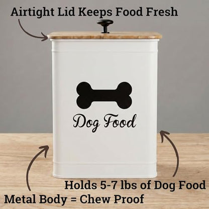 Dog Food Container Airtight 5-7 lb (25 Cup) Capacity - Cute Airtight Dog Food Storage Container with Bamboo Lid & Sturdy Metal Handle - White Metal Kibble Storage Bin for Dogs up to 50 lbs - Pet Jar - color: White