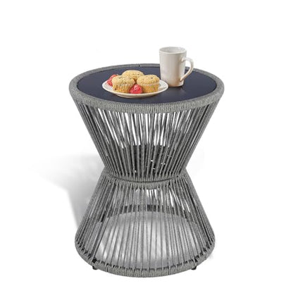 SUNNYPARK Outdoor Side Table 20'' H Small End Tables Woven Rope Weather Resistant with Glass Top Round Coffee Table for Indoor Balcony Patio Poolside (Gray) - color: Grey