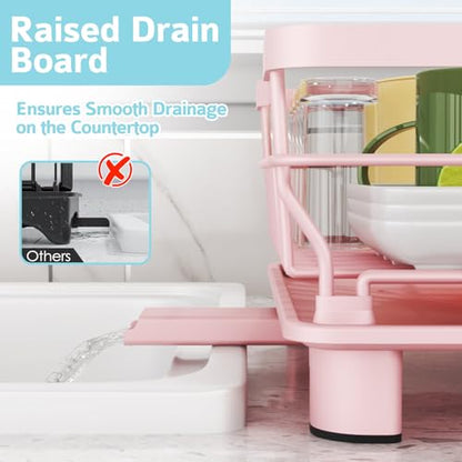 Dish Drying Rack - Space Saving Dish Rack - Dish Racks for Kitchen Counter with Drainboard,Rustproof Dish Drainer with Removable Utensil Holder,Pink - color: 1 Tier-pink