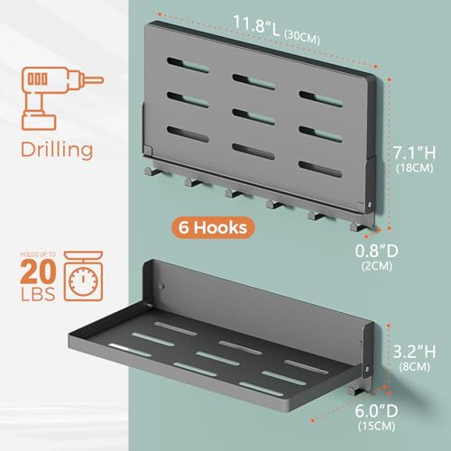 Small Folding Metal Shelf with Hooks, Fold-up Wall Shelf, 6 Hooks, Drop Down Floating Shelf for Laundry Room, Kitchen, RV, Toilet Room, Garage, Utility, Black（11.8", 1 Pack） - color: 11.8" , 1-pack