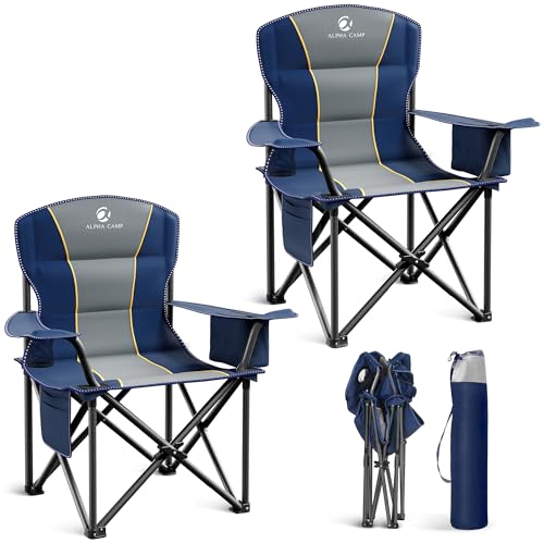 LET'S CAMP Folding Camping Chair Oversized Heavy Duty Padded Outdoor Chair with Cup Holder Storage and Cooler Bag, 450 LBS Weight Capacity, Thicken 600D Oxford,2 Pack - color: Navy Blue, size: Twin Pack