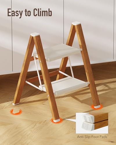 Mayi Plus 2-Step Aluminum Ladder,Lightweight Folding Step Stool with Extra-Wide Anti-Slip Steps,330 lbs Capacity,Compact Space-Saving Design for Home,Kitchen and Office（White&Woodgrain） - color: White&woodgrain, size: 2 Step