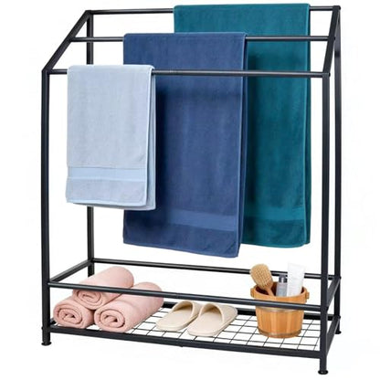 Hjarta Extra Wide 31.5 Inch Standing Towel Rack, Tall 40 Inch Free Standing Towel Rack with Storage Shelf, 3 Tier Towel Stand for Bathroom Outdoor Poolside