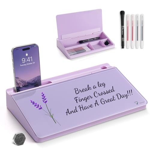 TOWON Small Compact Glass Desktop Whiteboard with Storage – 12 x 7 in Dry Erase Board for Desk, Home Office, School | Includes 5 Markers, Eraser & Holder | Space-Saving Organizer, Aesthetic Lavender - color: Purple