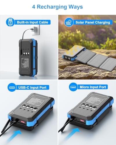 Solar Charger Power Bank 49800mAh with 4 Built-in Cables & 3 Foldable Panels, PD22.5W Fast Portable Phone Charger, External Battery Pack with USB-C in/Output & Flashlight for Outdoor Camping