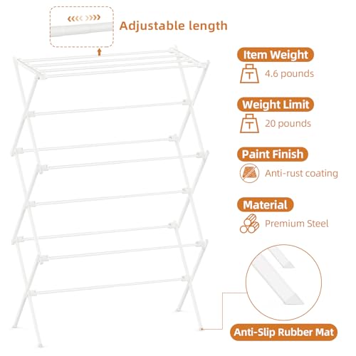 Drying Rack Clothing, 3-Tier Clothes Drying Rack Foldable, Antirust Laundry Drying Rack Collapsible Use for Indoor & Outdoor, 11.8" D x 34.6" W x 35.4" H, White - color: White