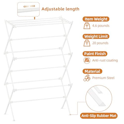Drying Rack Clothing, 3-Tier Clothes Drying Rack Foldable, Antirust Laundry Drying Rack Collapsible Use for Indoor & Outdoor, 11.8" D x 34.6" W x 35.4" H, White - color: White